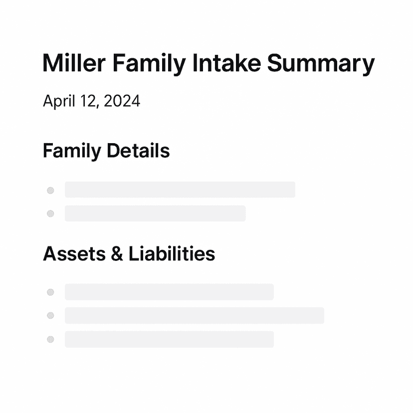 Document upload interface showing client intake forms and supporting documents